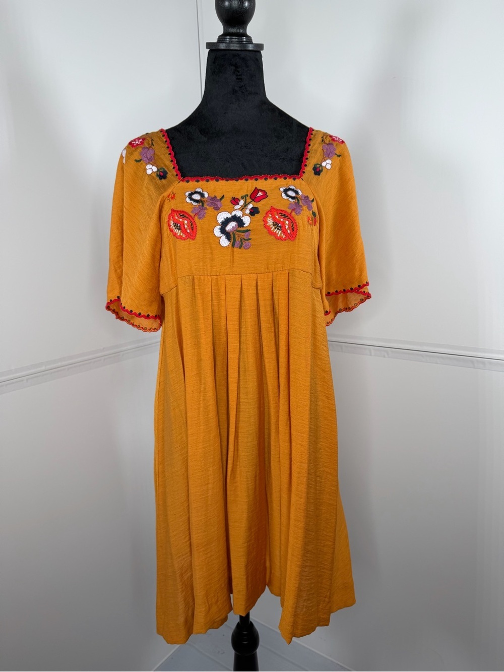 NWT Madewell Embroidered Square Neck Mini Dress Mustard Size Small